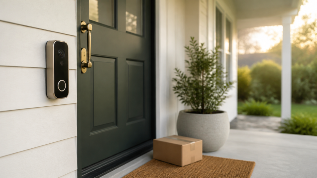 Generic video doorbell beside a front door with a package on the porch